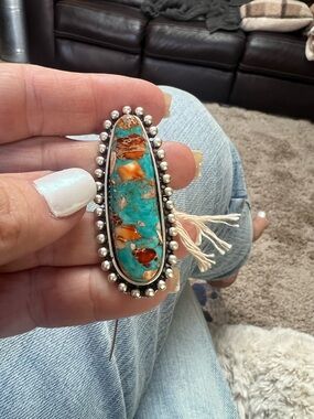 Turquoise and Brown Inlay Sterling Silver Statement Ring